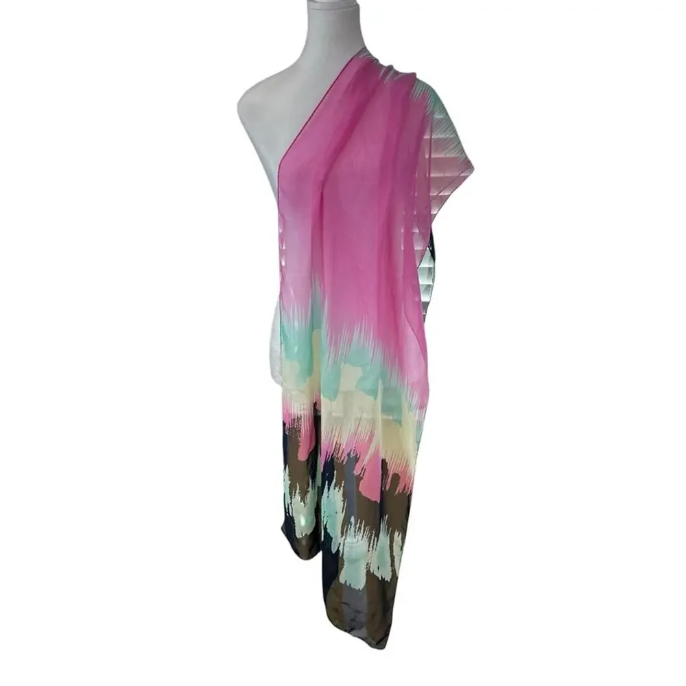 Liang Dian Silk Blend Scarf 19 X 61 Pink yellow Green Black